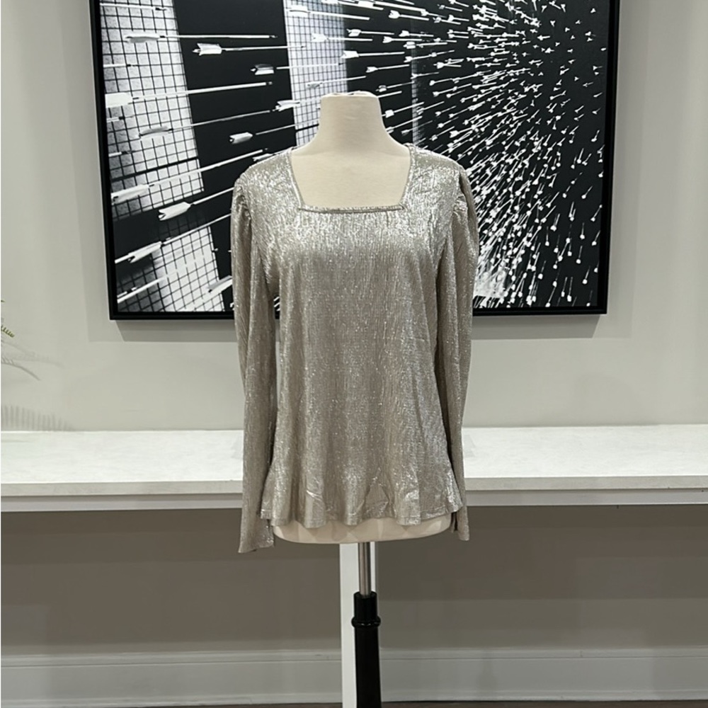 BRAND NEW! Shiny, Puff Shoulder and Long Sleeved, Almost Square Neck, Beige Top